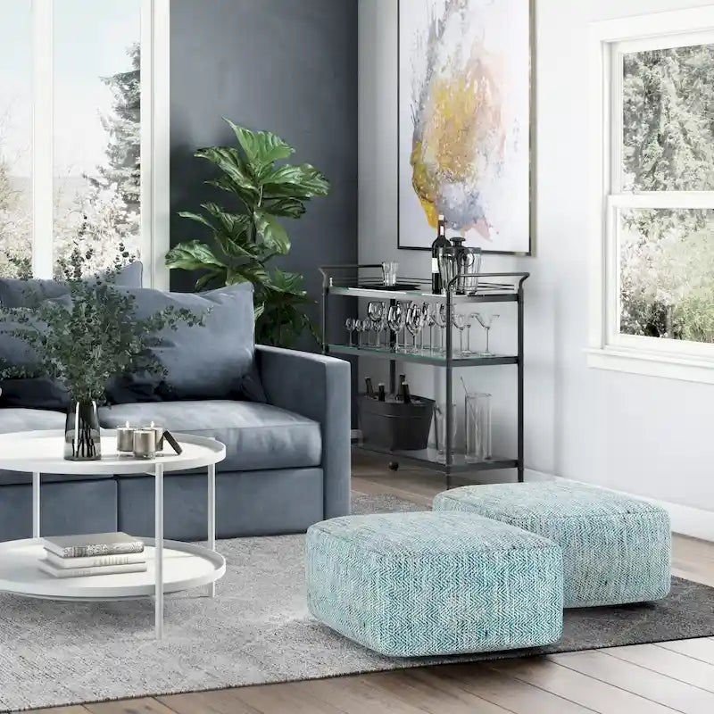 Hand-Woven Cotton Square Pouf with Mixed Pattern