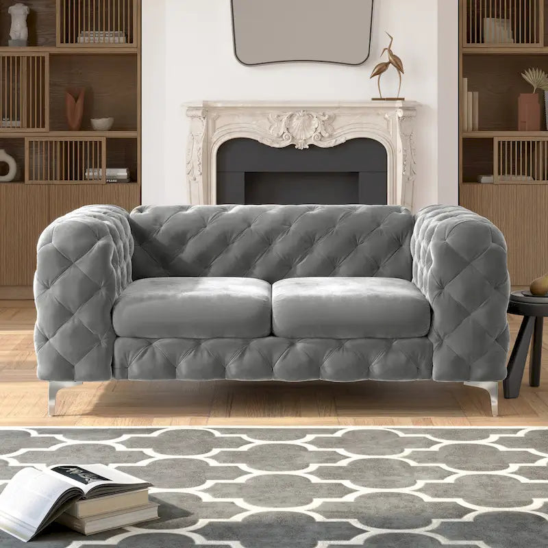 Tufted Velvet Chesterfield Loveseat with Diamond Design and Metal Legs