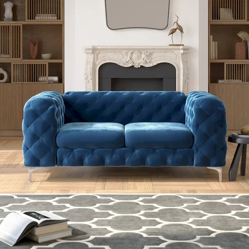 Tufted Velvet Chesterfield Loveseat with Diamond Design and Metal Legs