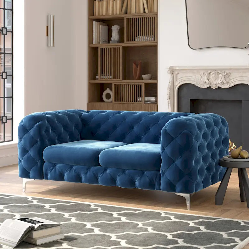 Tufted Velvet Chesterfield Loveseat with Diamond Design and Metal Legs