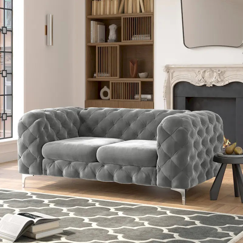 Tufted Velvet Chesterfield Loveseat with Diamond Design and Metal Legs