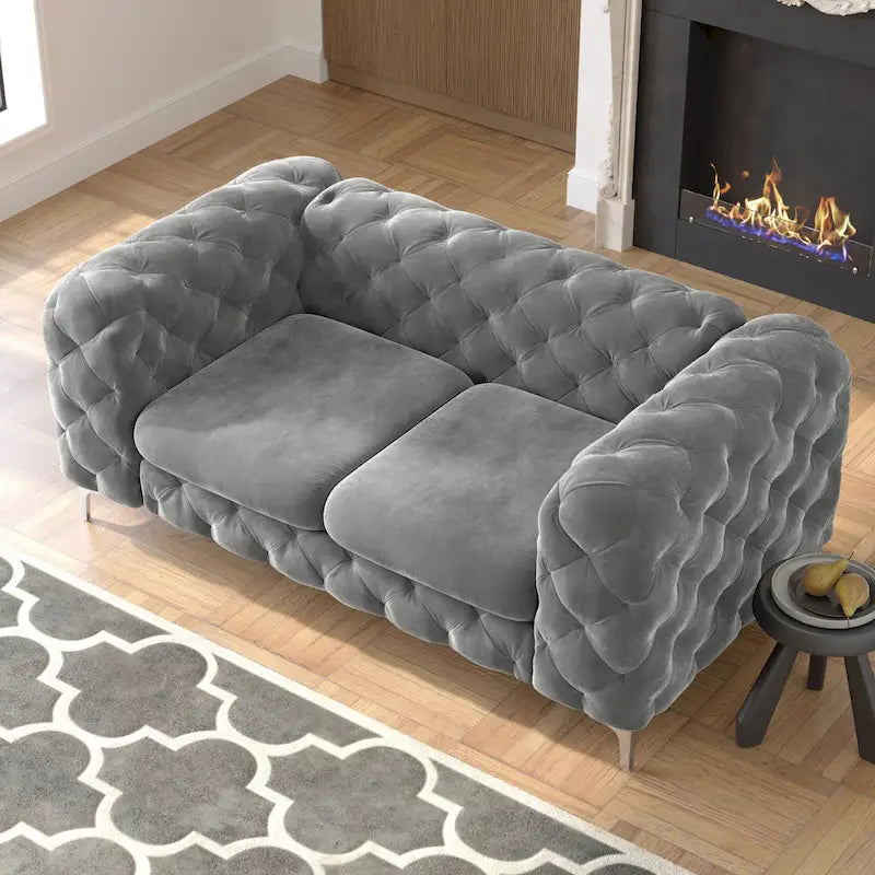 Tufted Velvet Chesterfield Loveseat with Diamond Design and Metal Legs