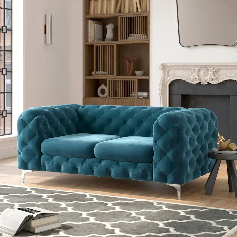 Tufted Velvet Chesterfield Loveseat with Diamond Design and Metal Legs