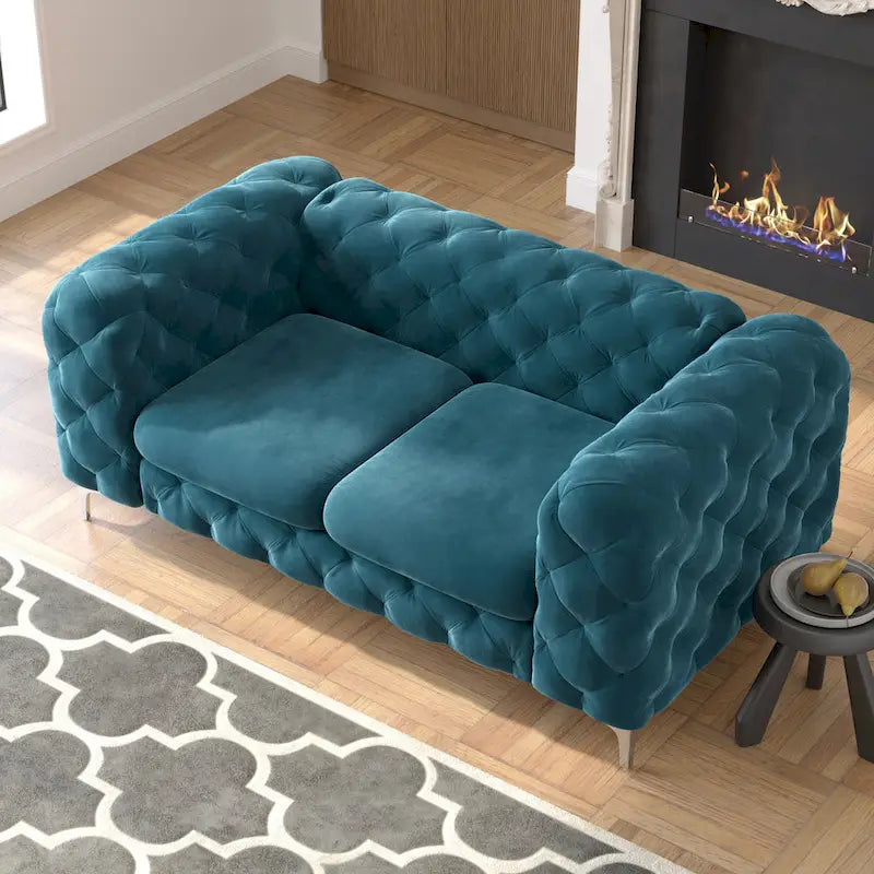 Tufted Velvet Chesterfield Loveseat with Diamond Design and Metal Legs