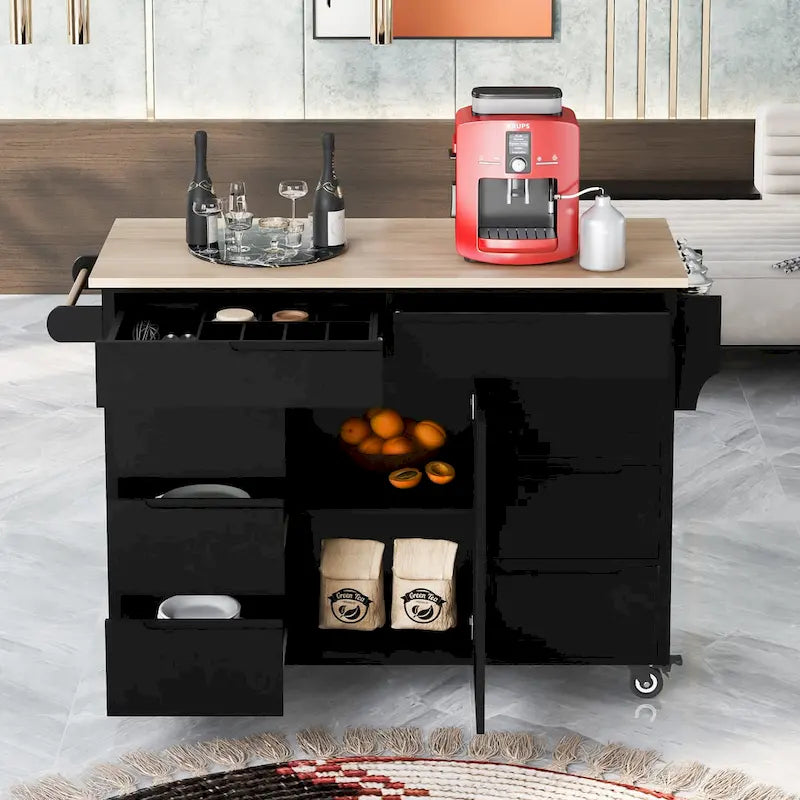 Kitchen Island Cart with Rubber Wood Top and Locking Wheels