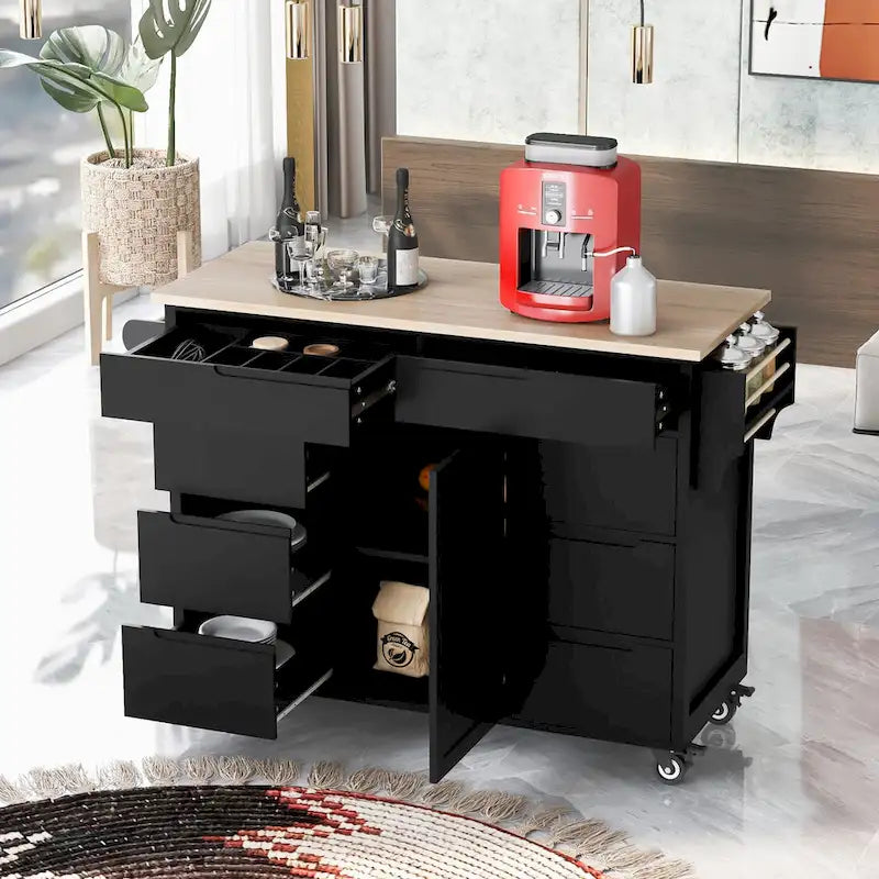 Kitchen Island Cart with Rubber Wood Top and Locking Wheels