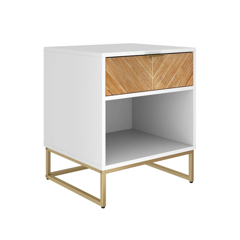 Rustic Nightstand with Herringbone Drawer and Open Shelf