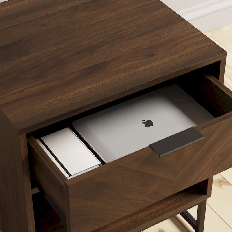 Rustic Nightstand with Herringbone Drawer and Open Shelf
