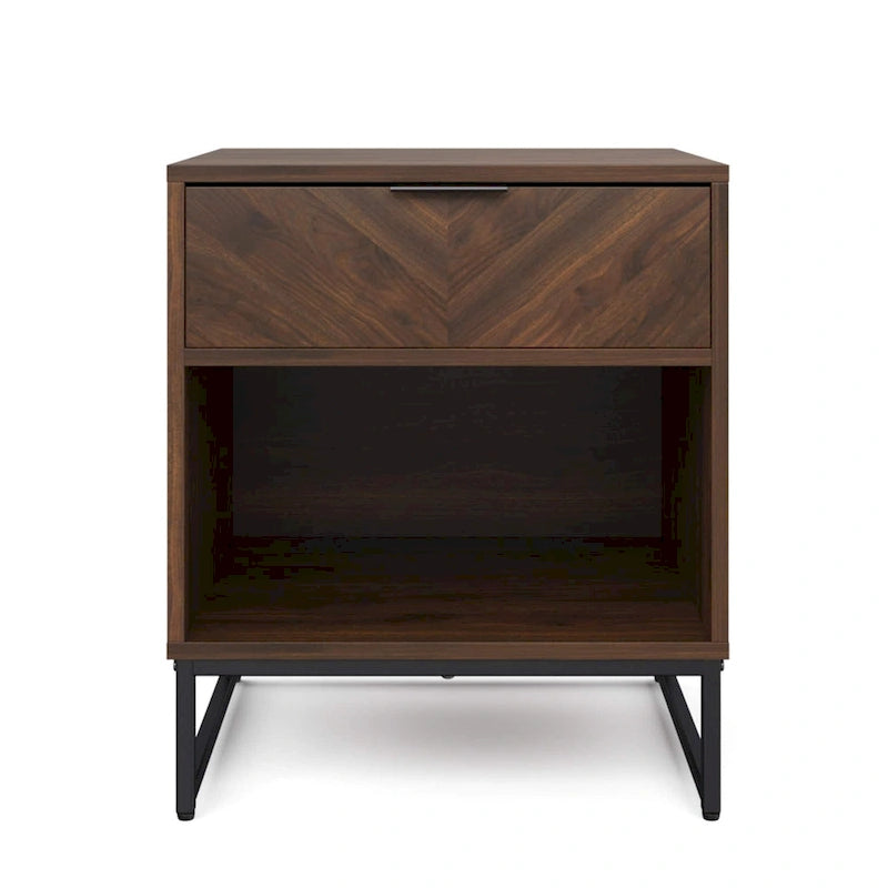 Rustic Nightstand with Herringbone Drawer and Open Shelf