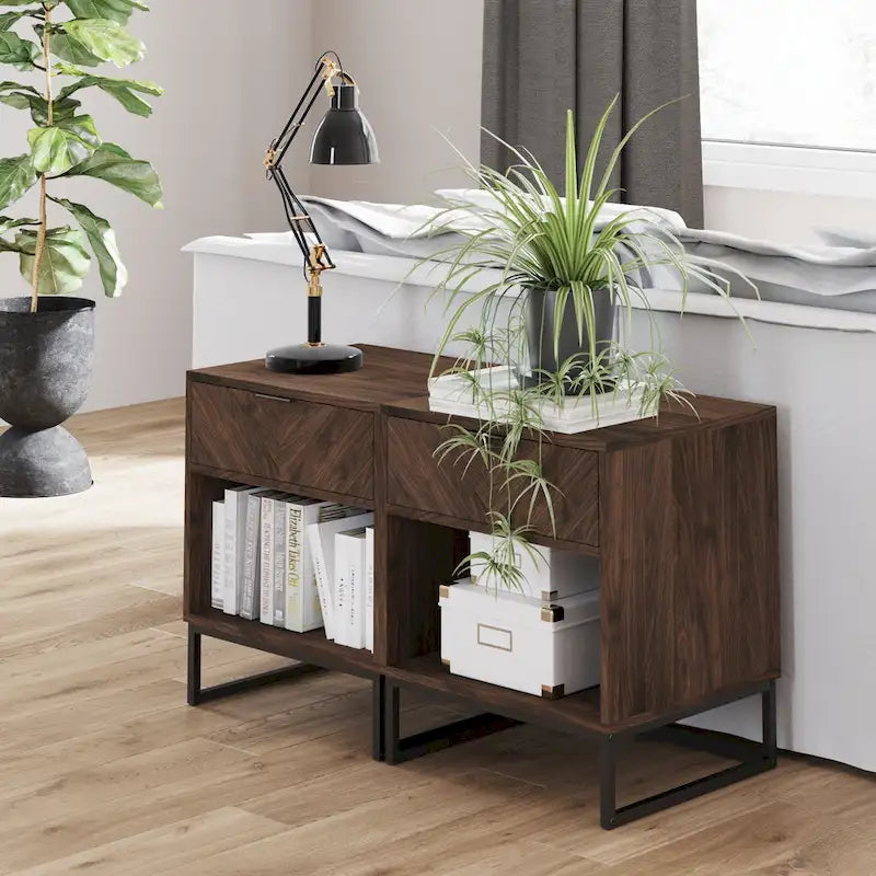 Rustic Nightstand with Herringbone Drawer and Open Shelf