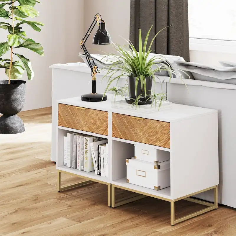 Rustic Nightstand with Herringbone Drawer and Open Shelf