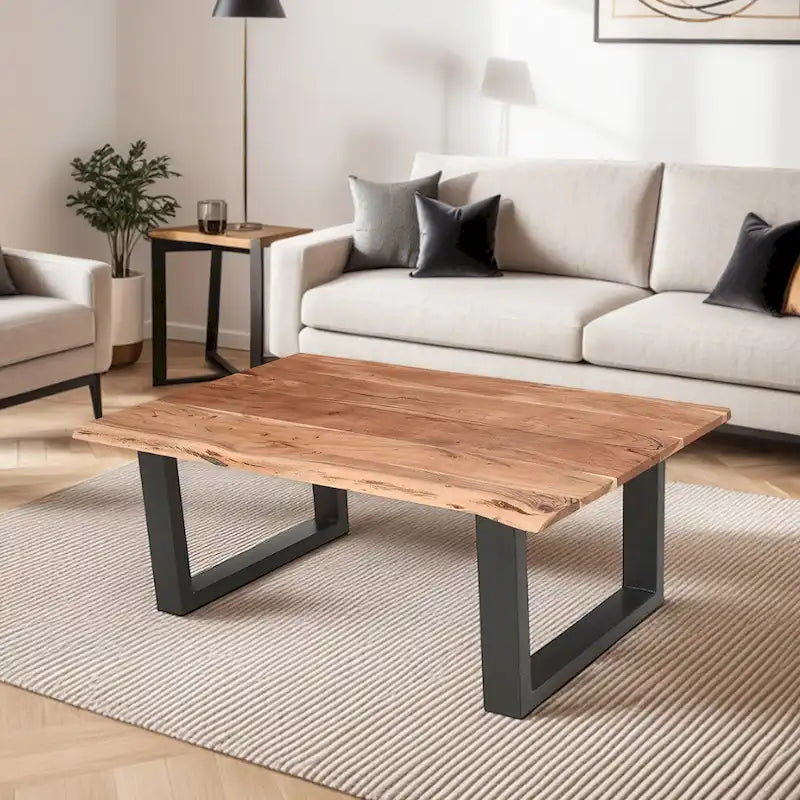 45 Inch Acacia Farmhouse Coffee Table, Live Edges, Metal Sled Base, Brown and Black