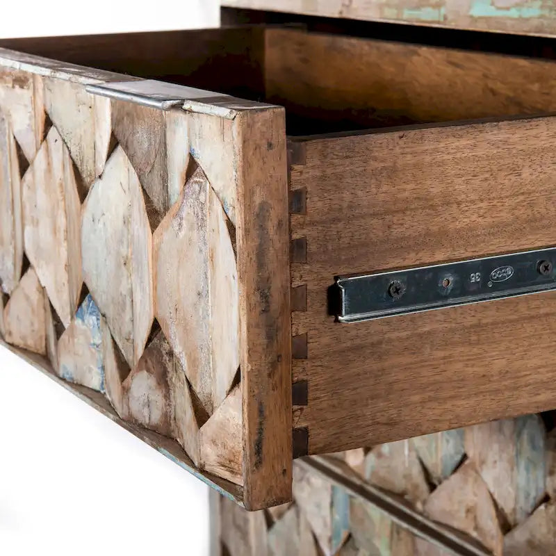 Reclaimed Teak Wood Dresser with Geometric Drawer Design and Iron Handles