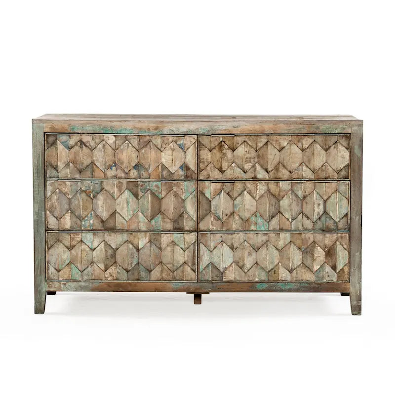 Reclaimed Teak Wood Dresser with Geometric Drawer Design and Iron Handles