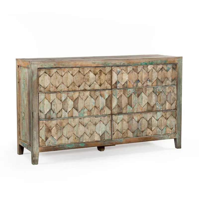 Reclaimed Teak Wood Dresser with Geometric Drawer Design and Iron Handles