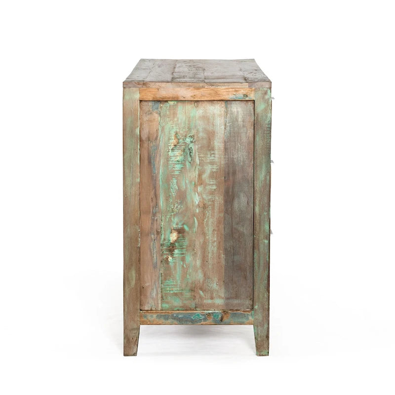 Reclaimed Teak Wood Dresser with Geometric Drawer Design and Iron Handles