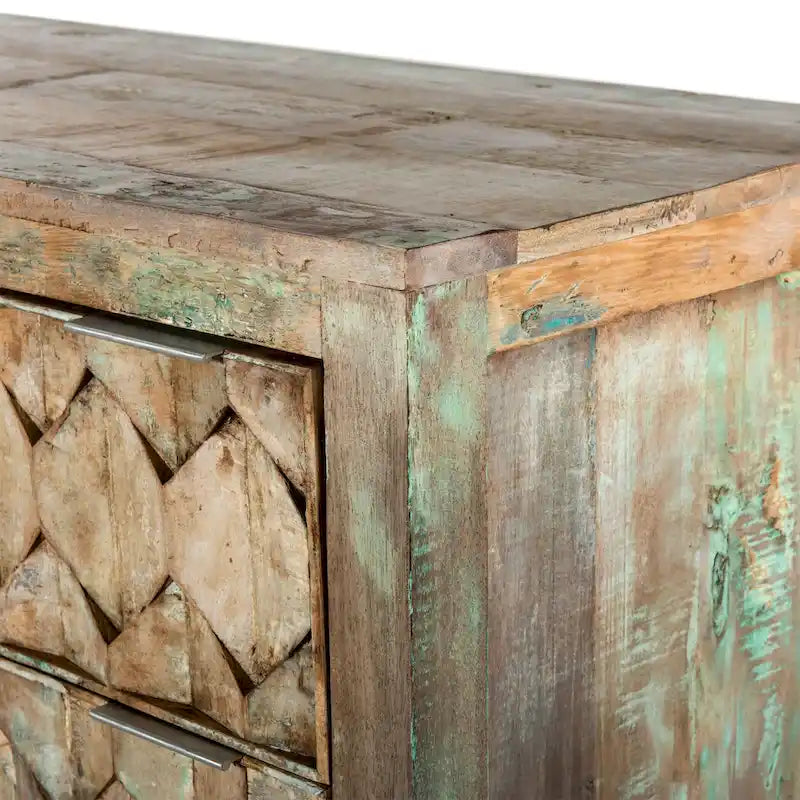 Reclaimed Teak Wood Dresser with Geometric Drawer Design and Iron Handles