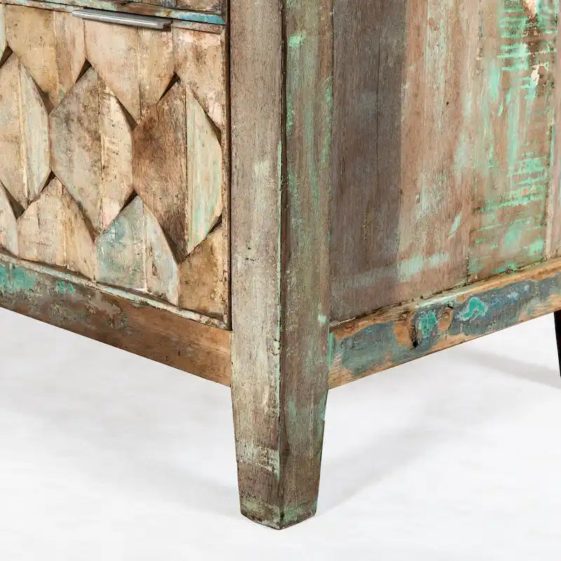 Reclaimed Teak Wood Dresser with Geometric Drawer Design and Iron Handles