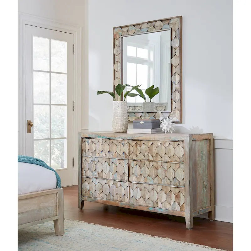 Reclaimed Teak Wood Dresser with Geometric Drawer Design and Iron Handles