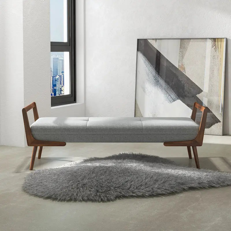 Mid-Century Modern Fabric Upholstered Bench with Tapered Wood Legs, Seats 2