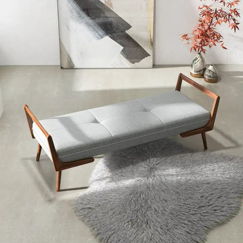 Mid-Century Modern Fabric Upholstered Bench with Tapered Wood Legs, Seats 2