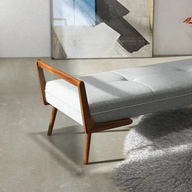 Mid-Century Modern Fabric Upholstered Bench with Tapered Wood Legs, Seats 2