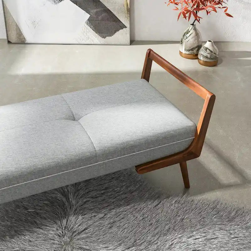 Mid-Century Modern Fabric Upholstered Bench with Tapered Wood Legs, Seats 2