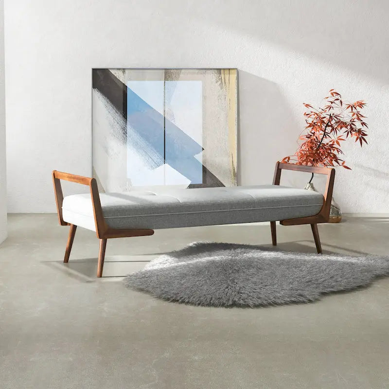 Mid-Century Modern Fabric Upholstered Bench with Tapered Wood Legs, Seats 2