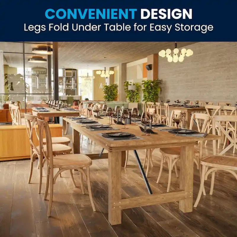 8ft Solid Pine Folding Farmhouse Dining Table, Seats 8, Indoor/Outdoor
