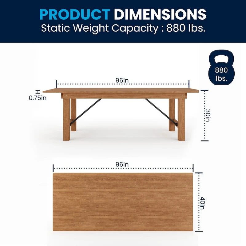 8ft Solid Pine Folding Farmhouse Dining Table, Seats 8, Indoor/Outdoor