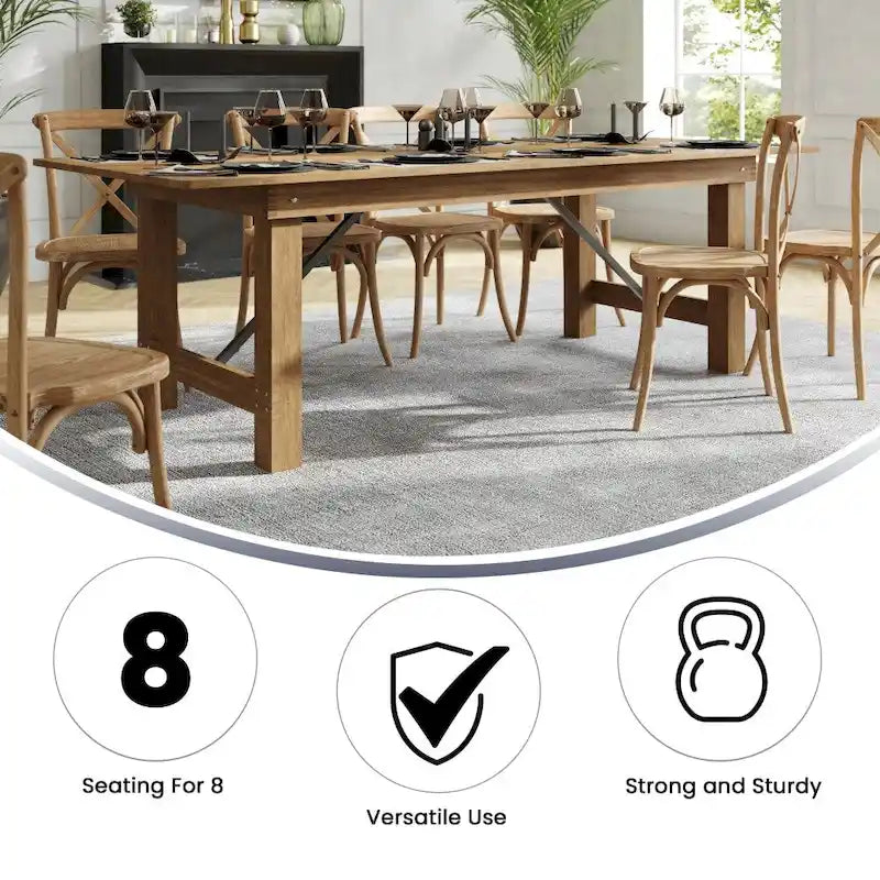 8ft Solid Pine Folding Farmhouse Dining Table, Seats 8, Indoor/Outdoor