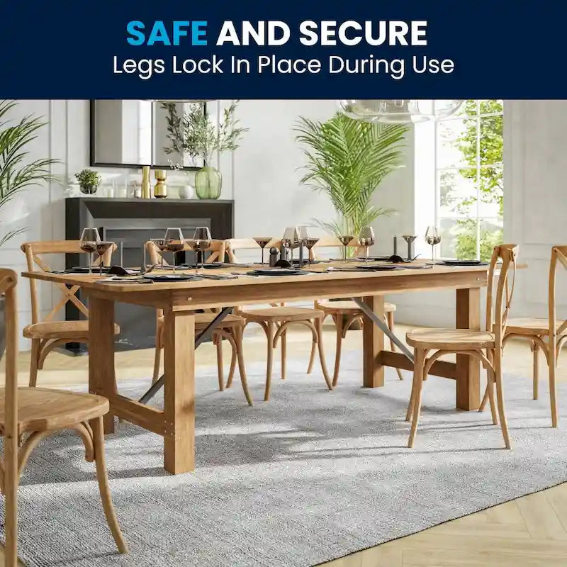 8ft Solid Pine Folding Farmhouse Dining Table, Seats 8, Indoor/Outdoor