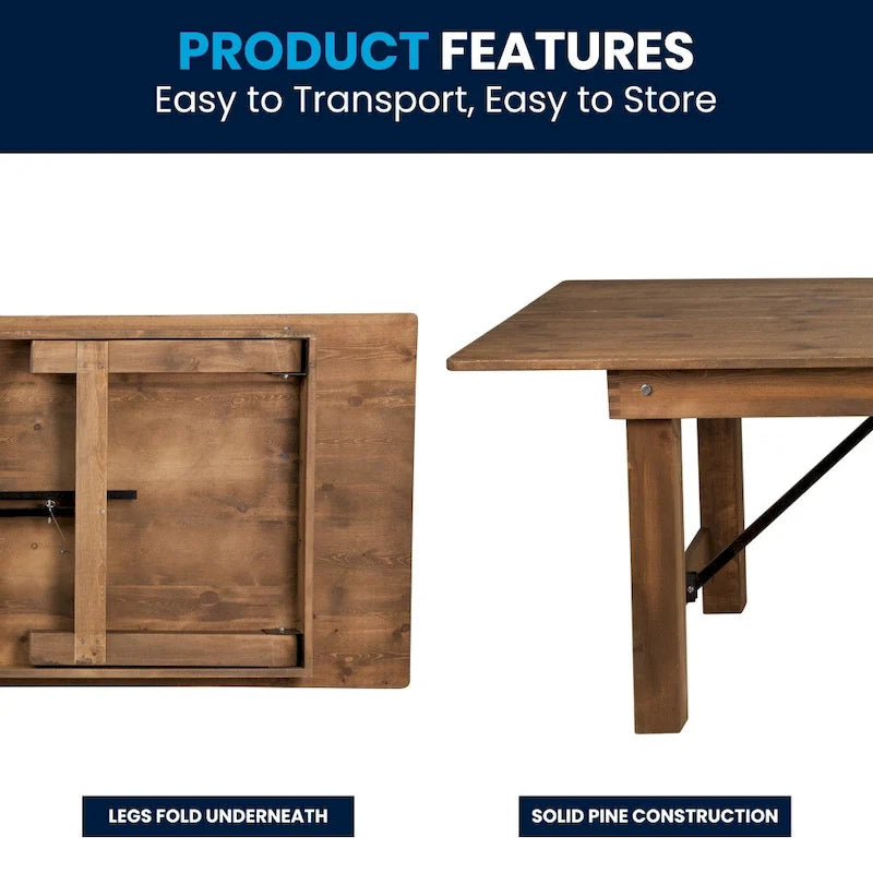 8ft Solid Pine Folding Farmhouse Dining Table, Seats 8, Indoor/Outdoor