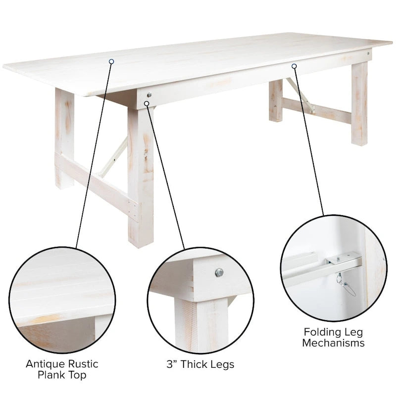 8ft Solid Pine Folding Farmhouse Dining Table, Seats 8, Indoor/Outdoor