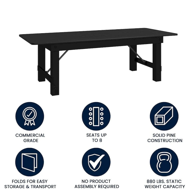 8ft Solid Pine Folding Farmhouse Dining Table, Seats 8, Indoor/Outdoor