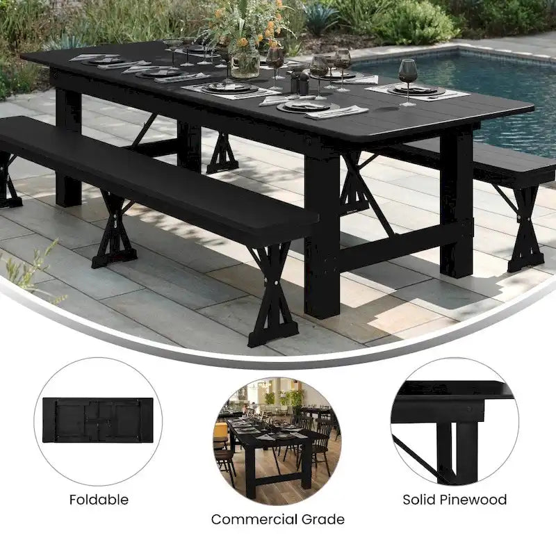 8ft Solid Pine Folding Farmhouse Dining Table, Seats 8, Indoor/Outdoor