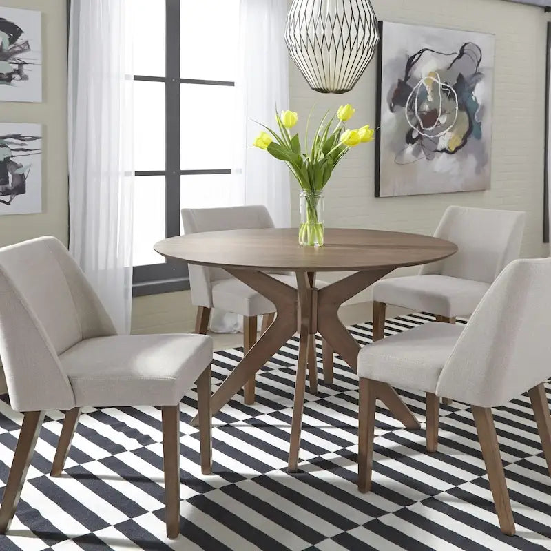 Satin Walnut Round Pedestal Dining Table with Architectural Base, 47"