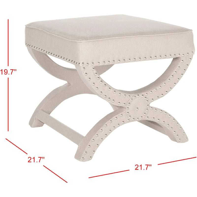 X-Bench Ottoman with Taupe Linen and Silver Nailhead Trim
