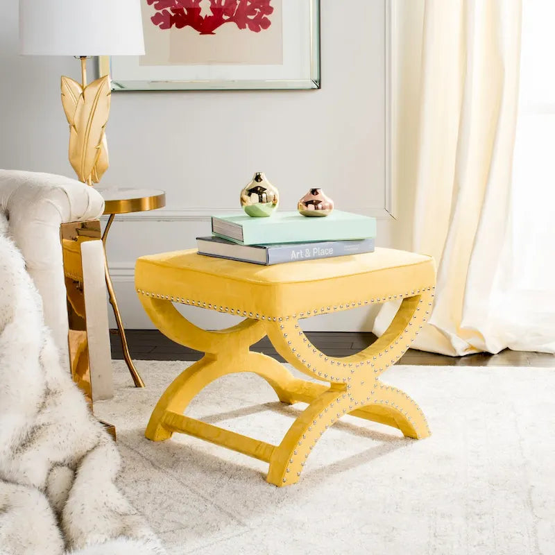 X-Bench Ottoman with Taupe Linen and Silver Nailhead Trim