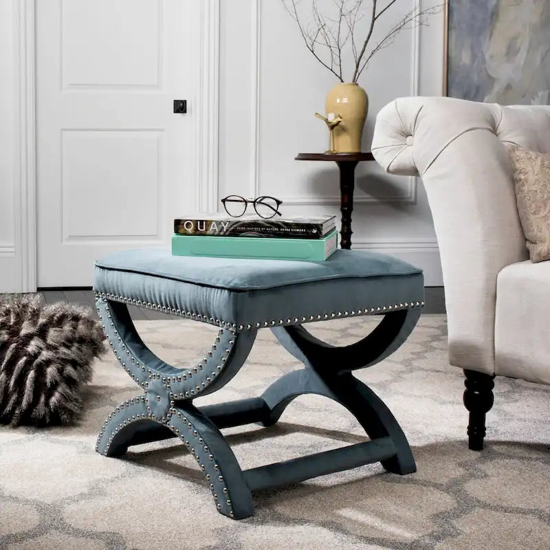 X-Bench Ottoman with Taupe Linen and Silver Nailhead Trim