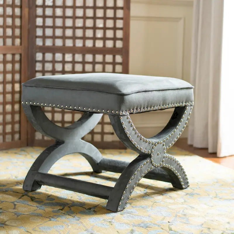X-Bench Ottoman with Taupe Linen and Silver Nailhead Trim