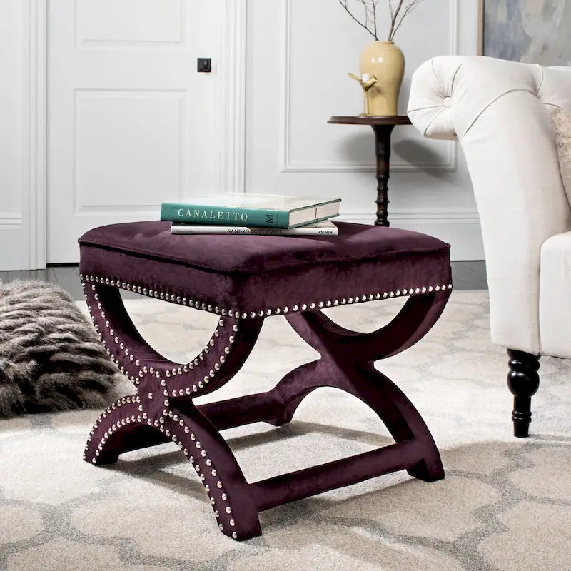 X-Bench Ottoman with Taupe Linen and Silver Nailhead Trim