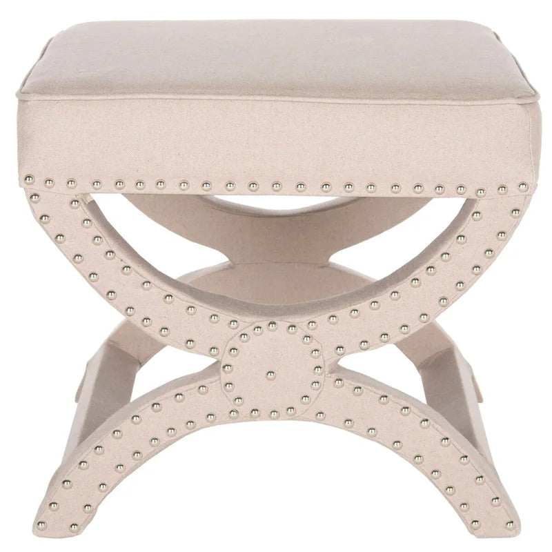 X-Bench Ottoman with Taupe Linen and Silver Nailhead Trim