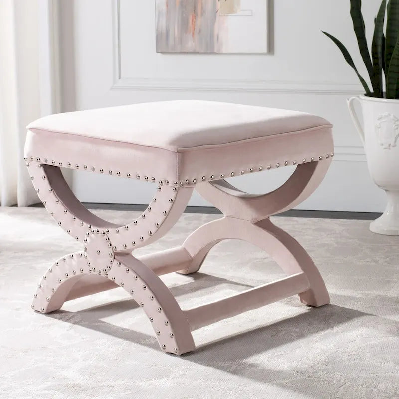 X-Bench Ottoman with Taupe Linen and Silver Nailhead Trim