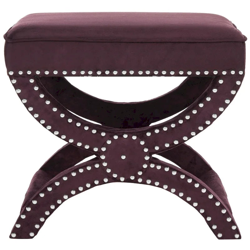 X-Bench Ottoman with Taupe Linen and Silver Nailhead Trim