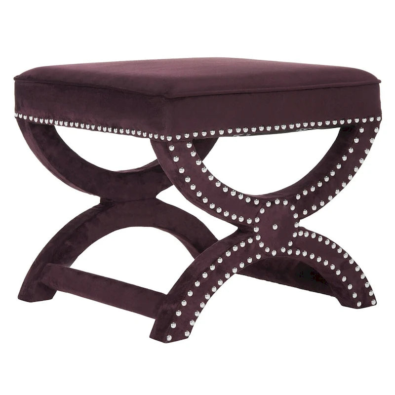 X-Bench Ottoman with Taupe Linen and Silver Nailhead Trim