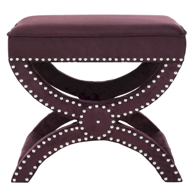 X-Bench Ottoman with Taupe Linen and Silver Nailhead Trim