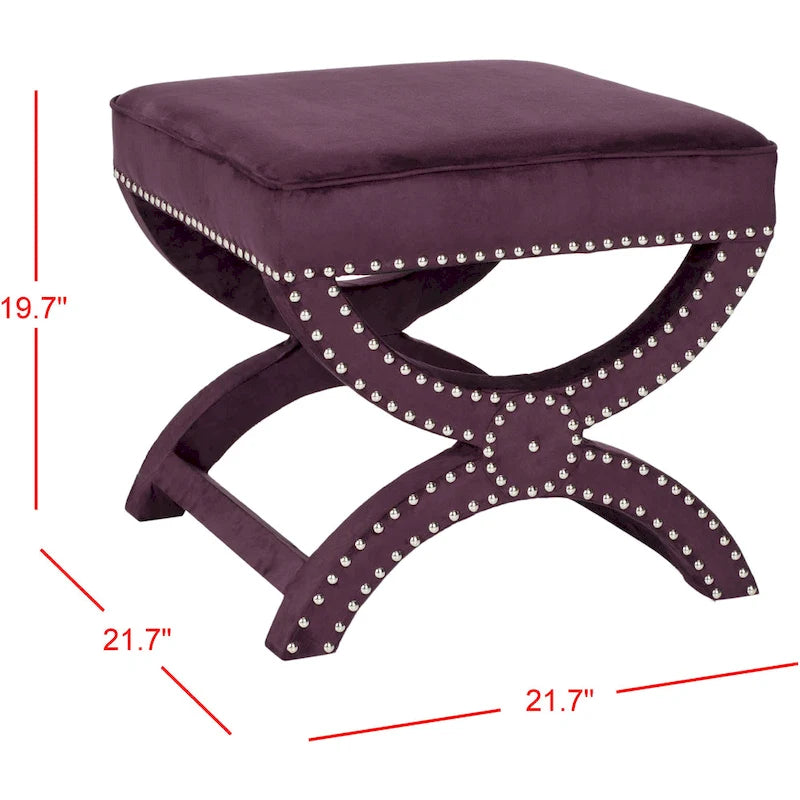 X-Bench Ottoman with Taupe Linen and Silver Nailhead Trim