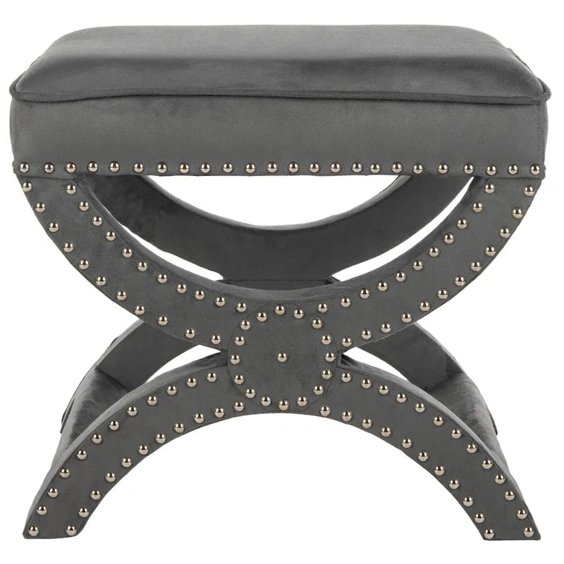 X-Bench Ottoman with Taupe Linen and Silver Nailhead Trim