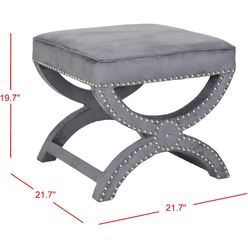 X-Bench Ottoman with Taupe Linen and Silver Nailhead Trim